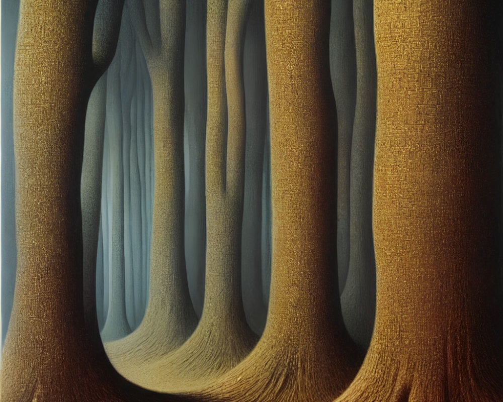 Surreal artwork: elongated tree trunks in golden-brown to blue gradient