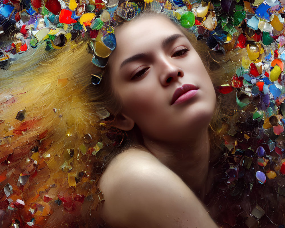 Colorful Gemstone-Like Fragments Surround Woman's Face