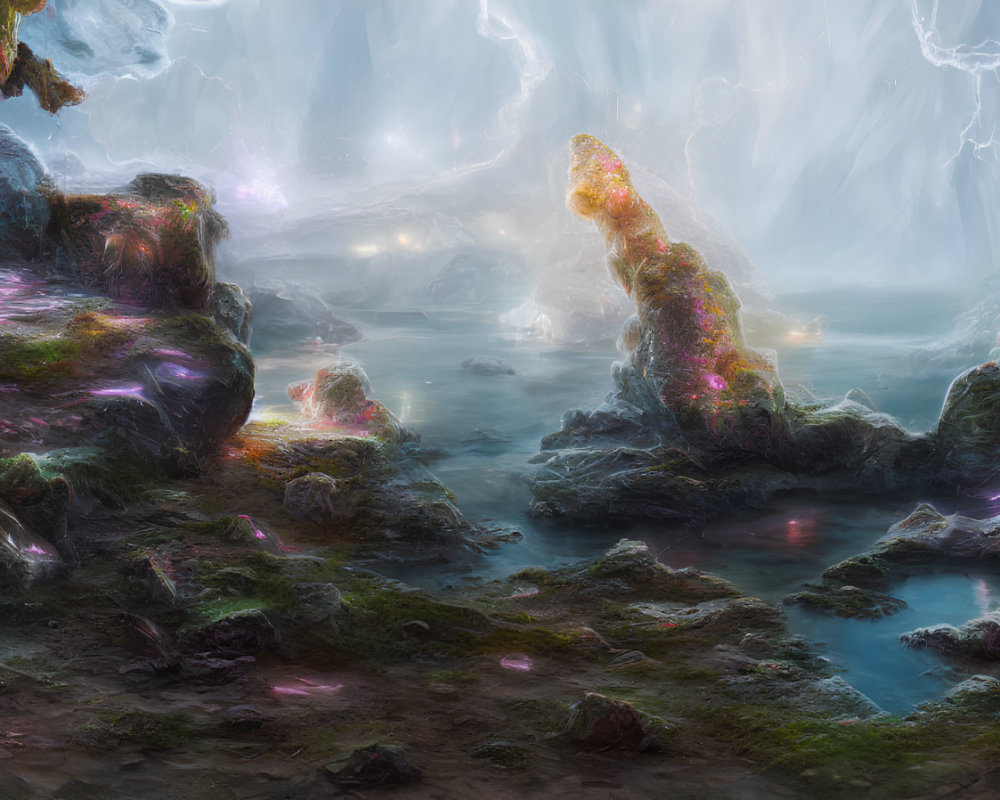 Ethereal cave with mossy rocks, misty waters, glowing flora, and lightning
