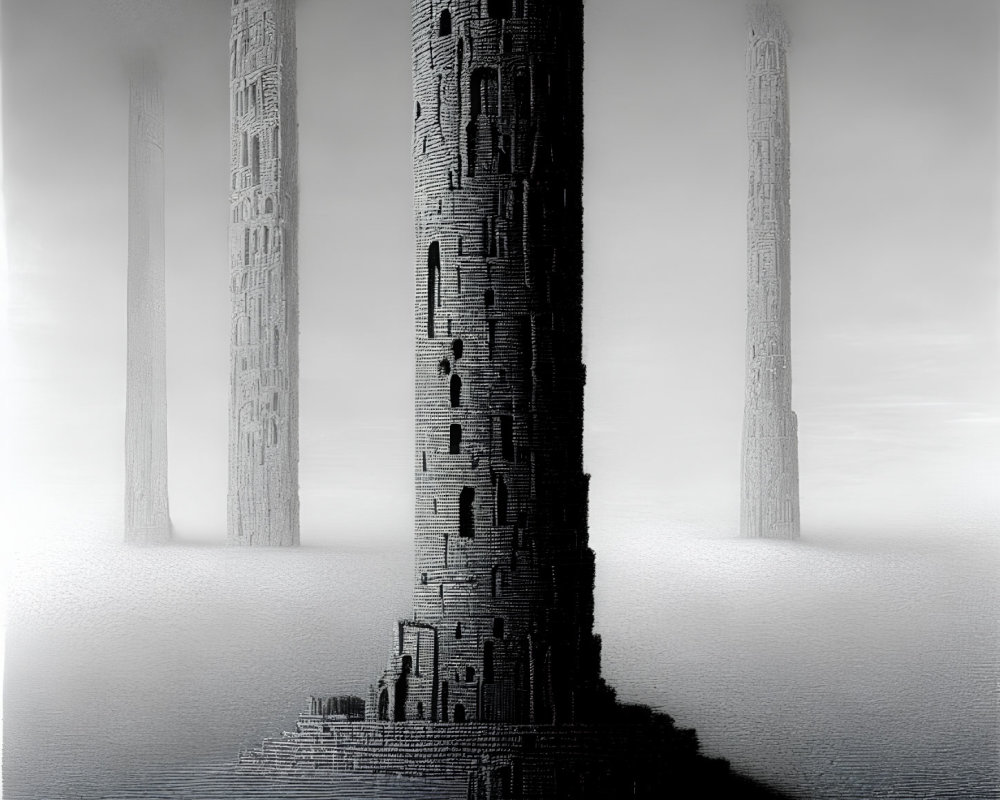 Monochromatic image of three textured towers in misty setting