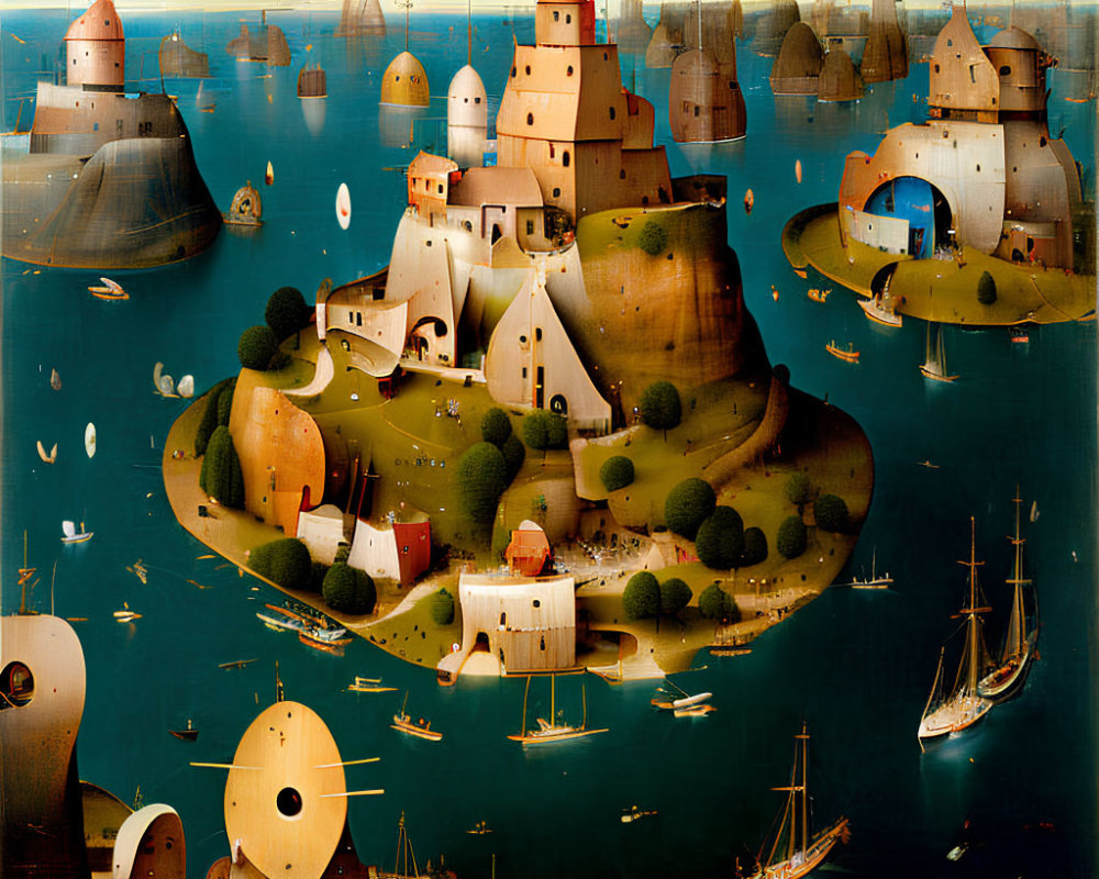Renaissance-style maritime painting with whimsical architecture & ships