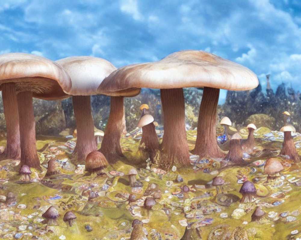 Fantastical landscape with oversized mushrooms and forest under blue sky
