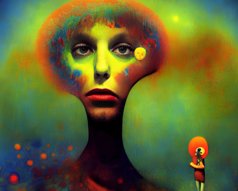 Surreal portrait with cosmic halo and smaller figure holding orb
