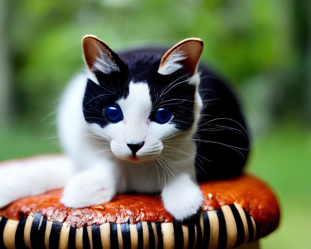 Black and White Cat with Blue Eyes on Orange Striped Cushion
