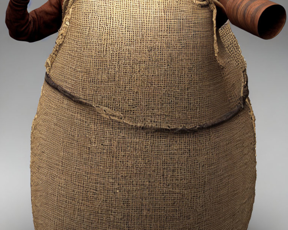 Character in burlap texture with smoking pipe close-up
