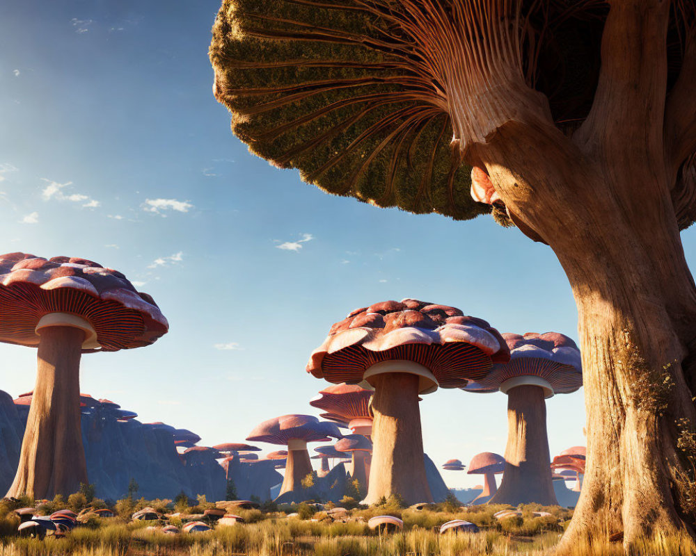 Fantastical landscape with oversized mushroom-like trees under clear blue sky