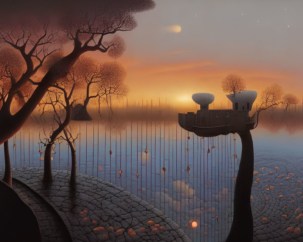 Surreal landscape with tree-top house, lantern-lit water, and twilight sky