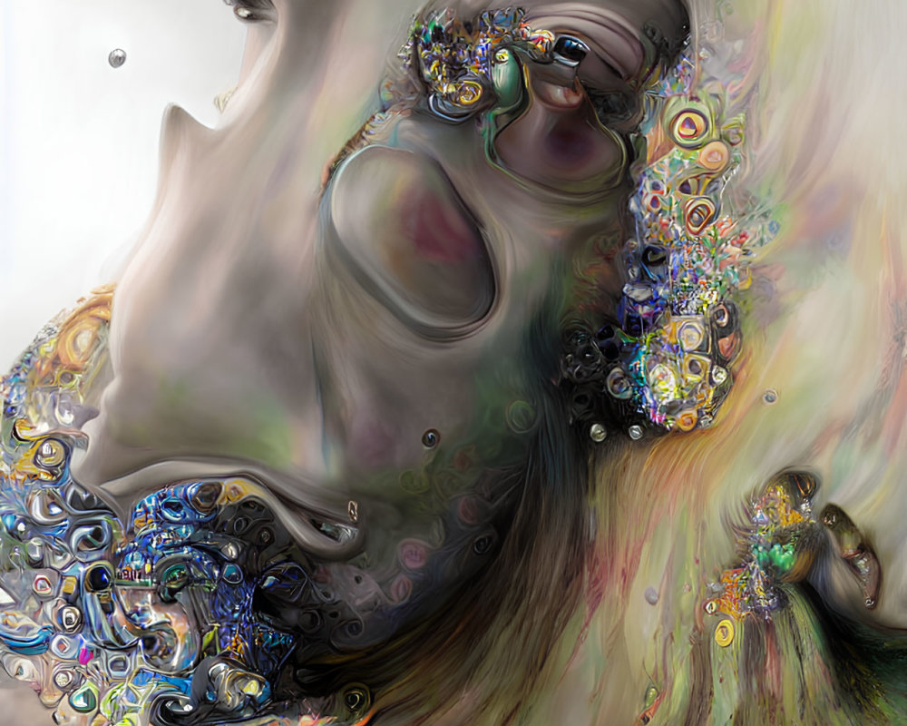 Abstract surreal portrait with colorful organic forms and swirling patterns.