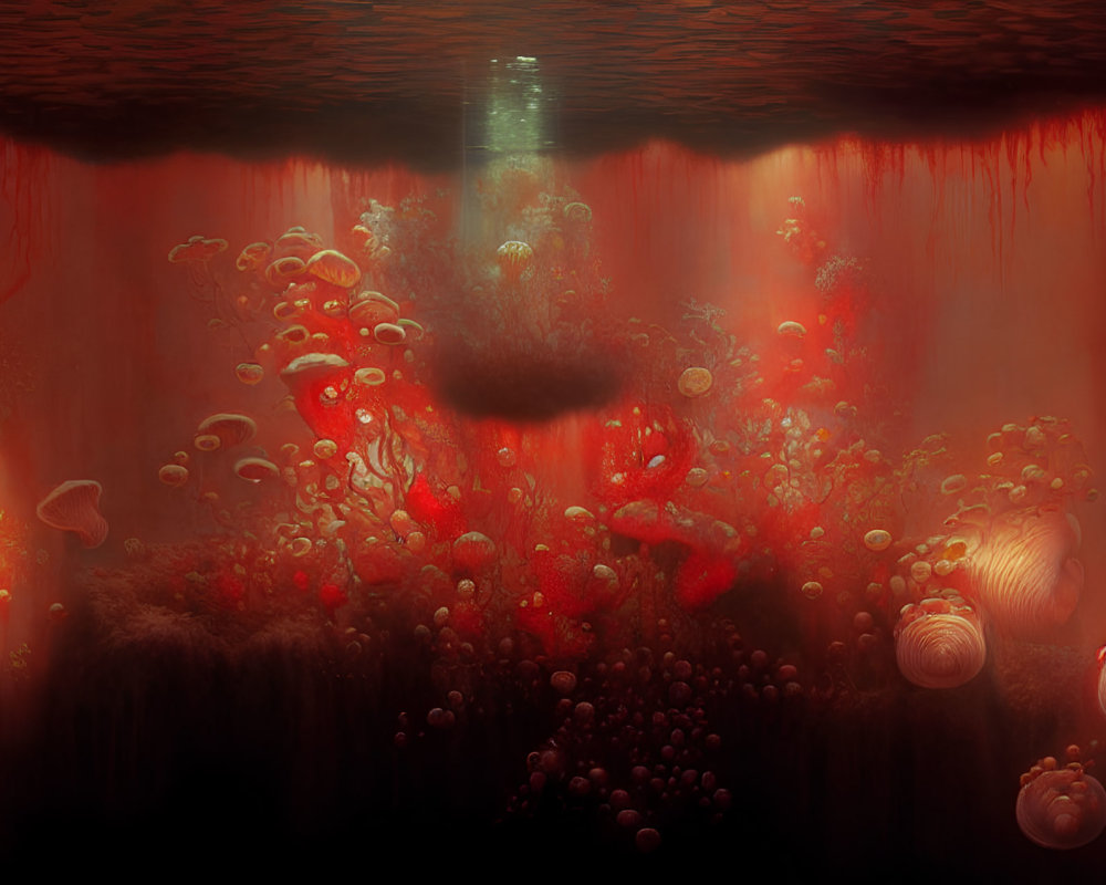 Underwater scene with swirling red particles and jellyfish in dark waters