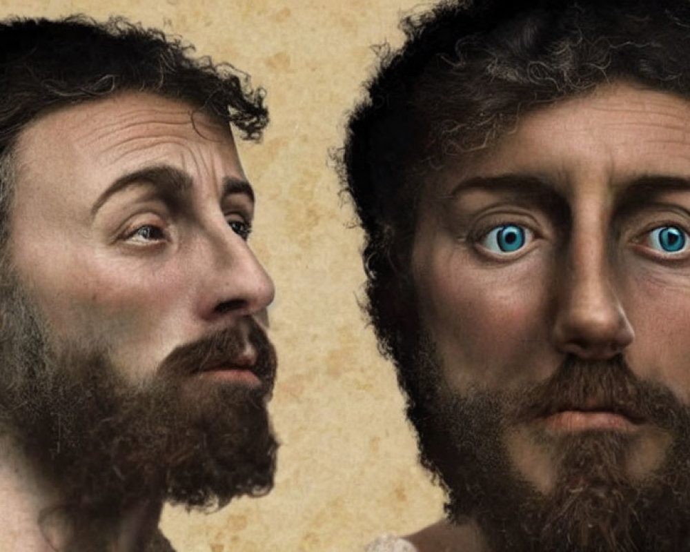 Two men's faces with blue eyes in classical painting style