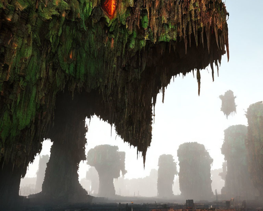 Misty landscape with massive tree-like structures and hanging moss