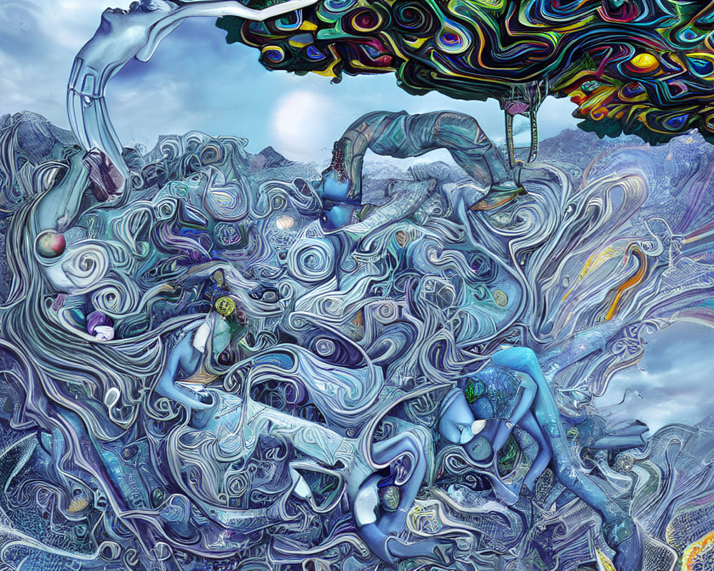 Psychedelic humanoid figures in abstract landscape under colorful sky