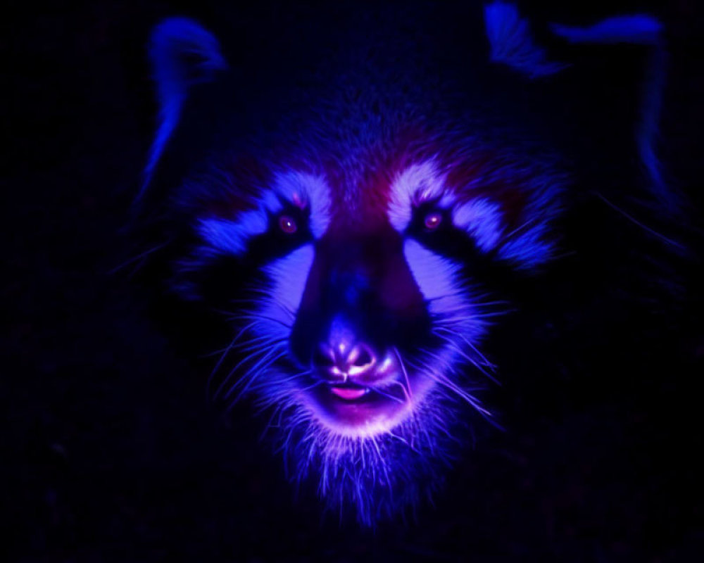 Raccoon's face illuminated in vibrant purple and blue light