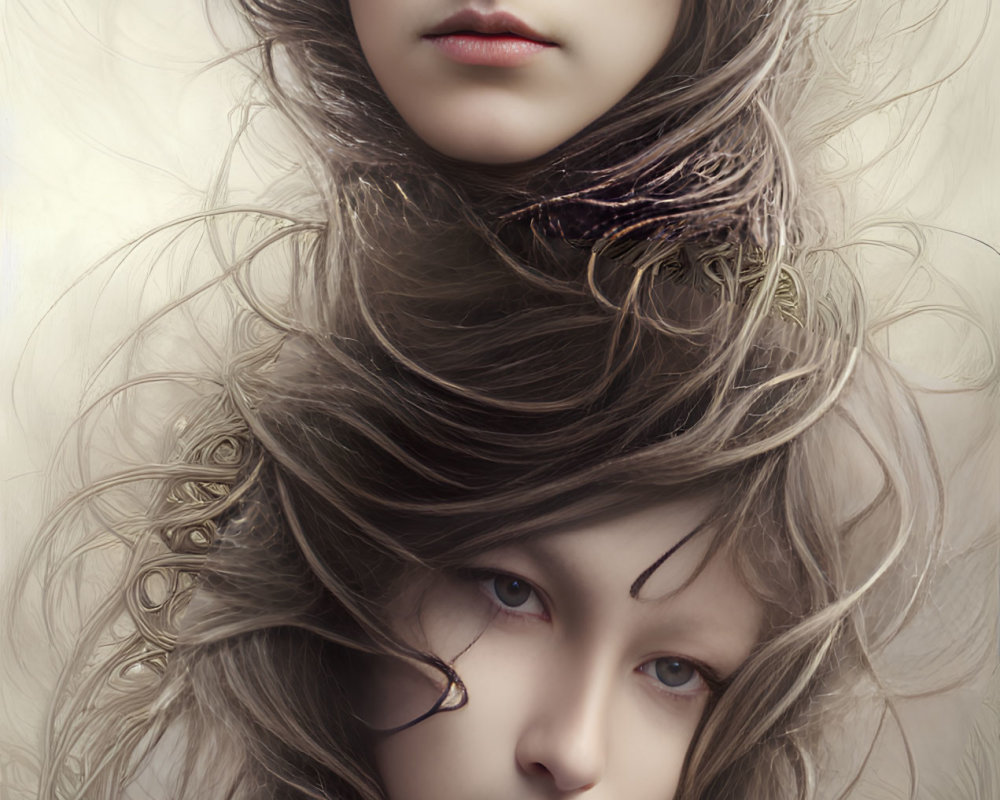 Interwoven female faces with flowing hair in surreal art