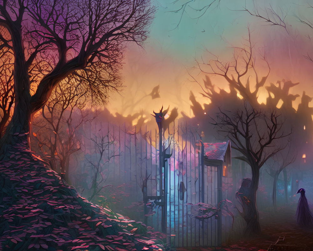 Twilight scene with flying birds, rustic gate, leaf-strewn trees, and peacock