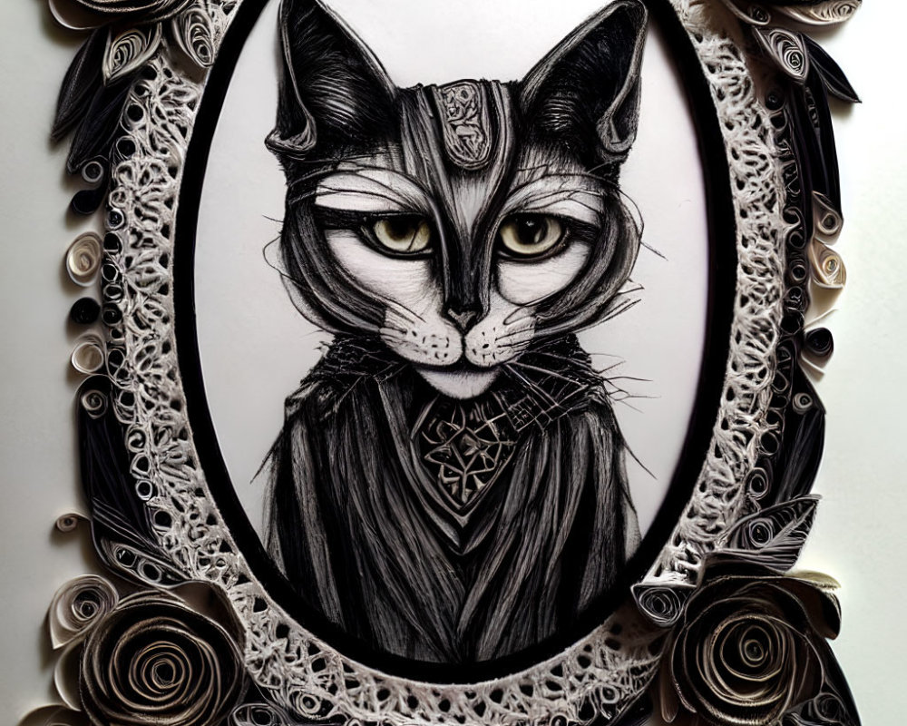 Detailed Anthropomorphic Black Cat Portrait with Ornamental Headpiece and Quilled Paper Frame