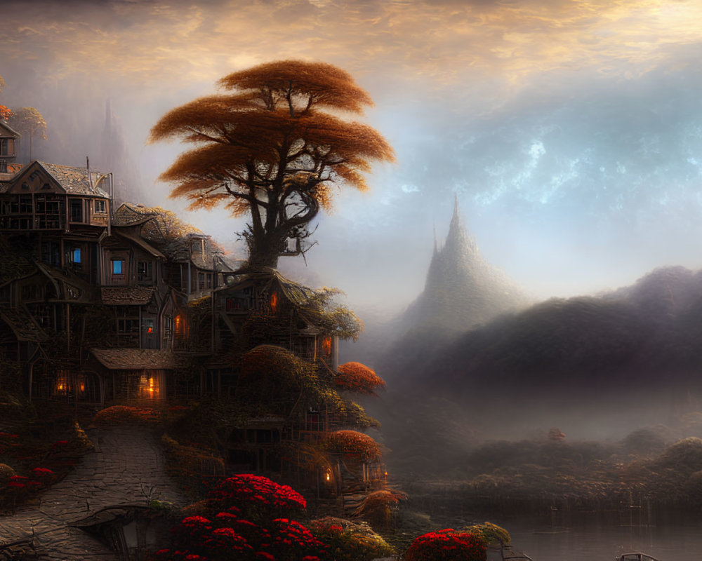 Intricate house in fantastical autumn landscape