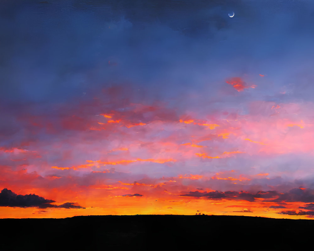 Vivid sunset painting with fiery clouds, blue sky, silhouetted land, and crescent