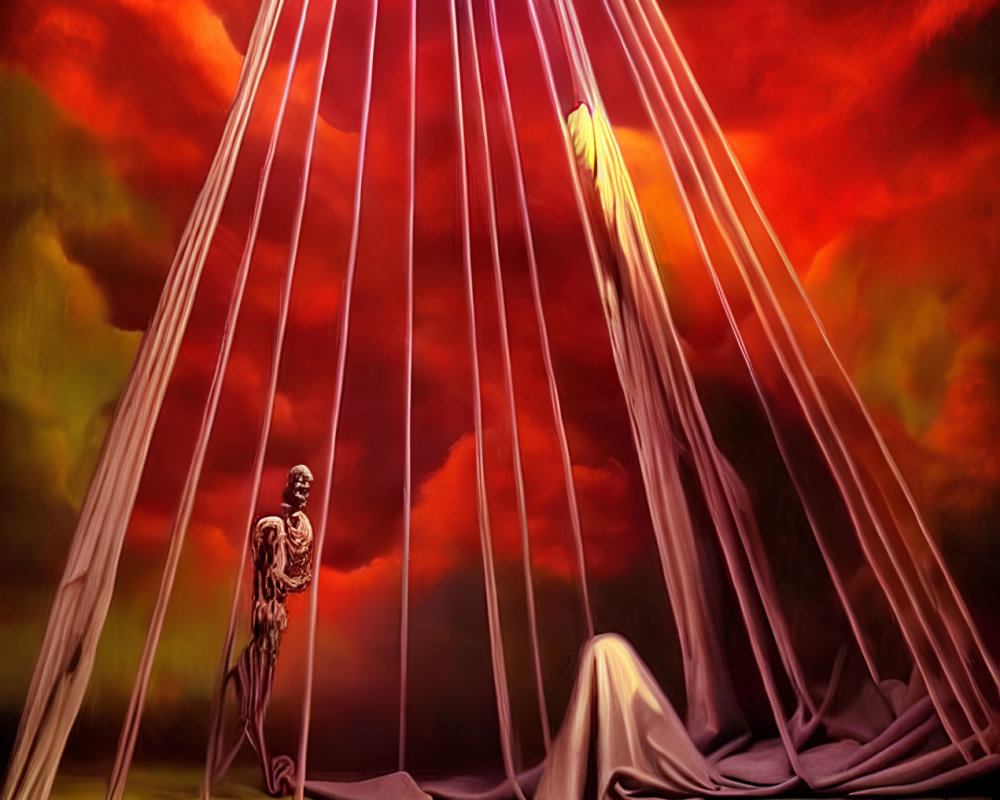 Surreal painting: figure with skeletal wings and shrouded entity under light beams in fiery sky
