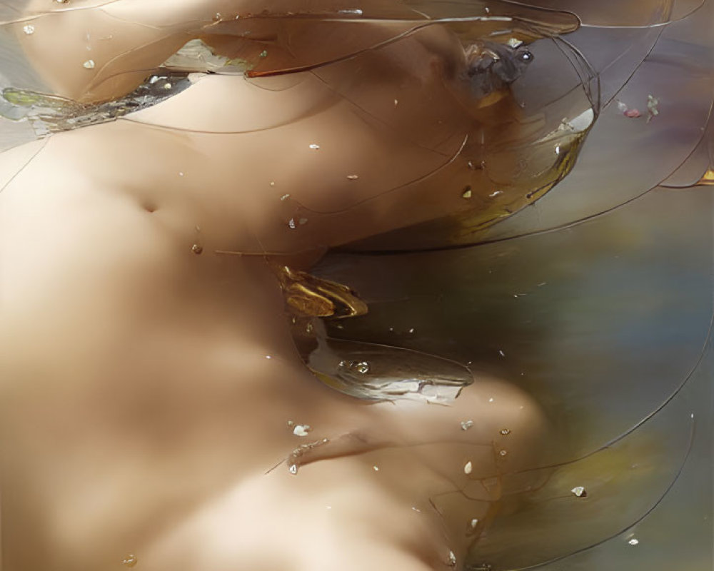 Woman in water with floating petals and leaves, serene expression