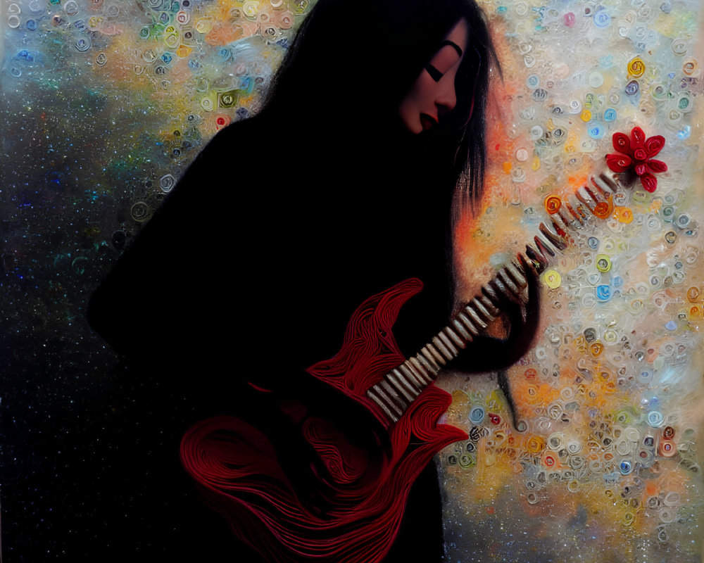 Silhouette of Person Playing Red Abstract Guitar in Cosmic Background