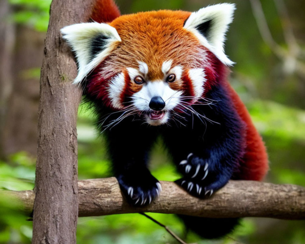 Red panda with auburn fur and facial markings on tree branch in lush forest
