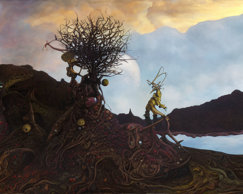Fantastical landscape with twisted trees and strange creatures