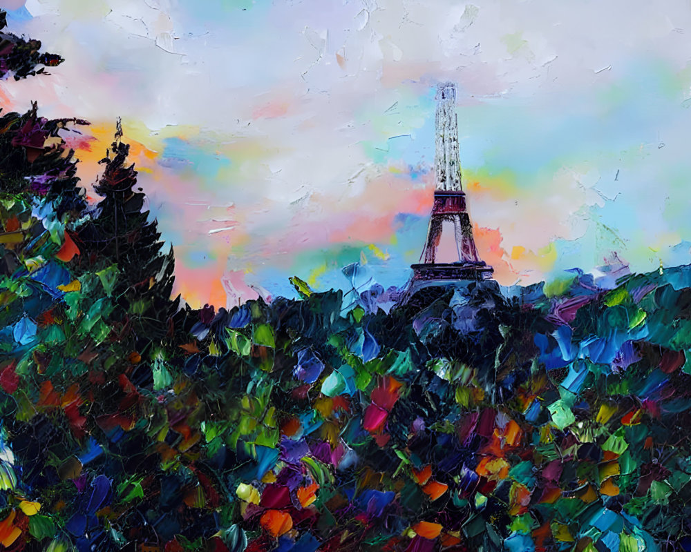 Vibrant Impressionist Eiffel Tower Painting with Colorful Foliage