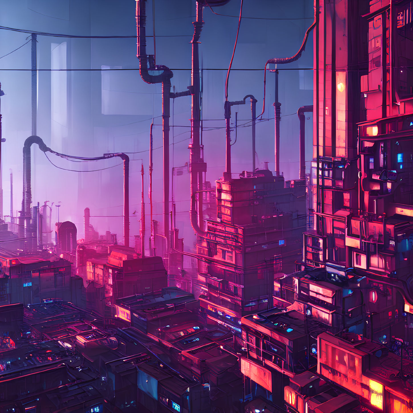 Futuristic cityscape with pink and blue hues, high-rises, and pipelines under hazy