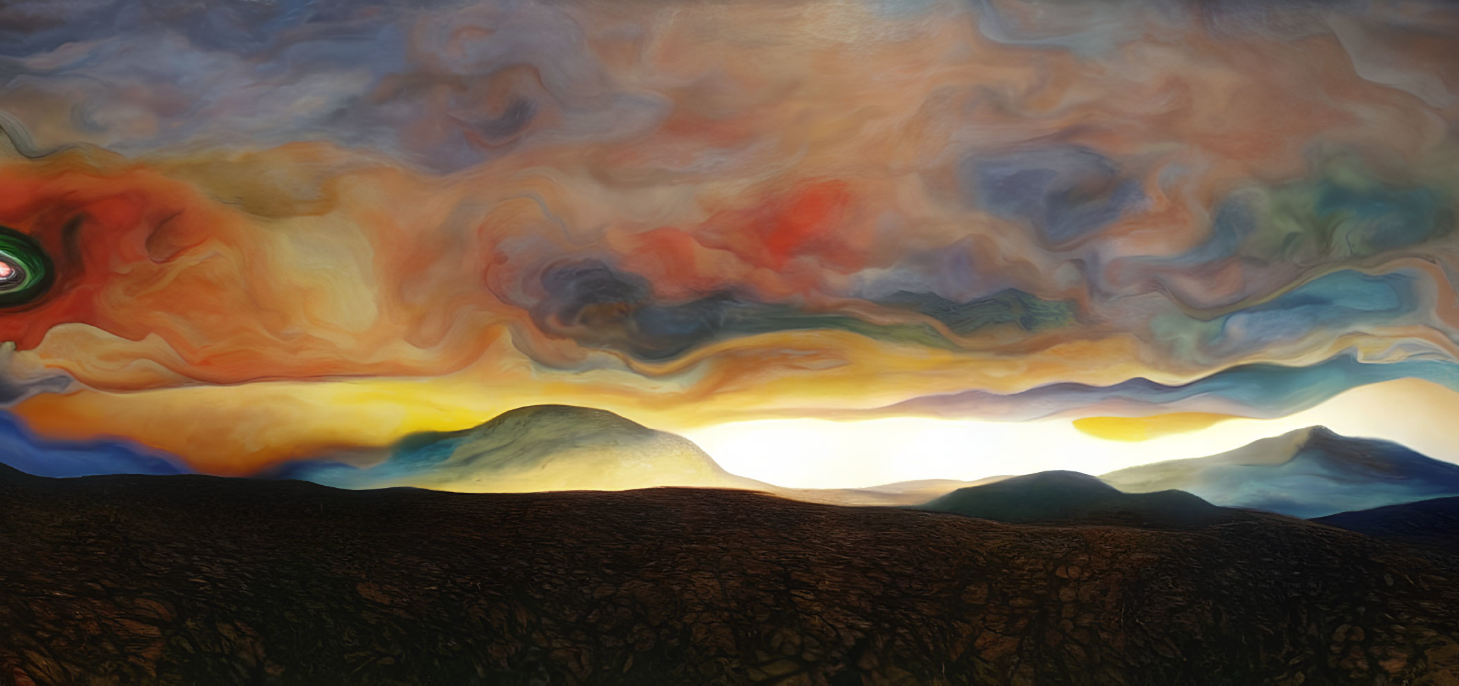 Surreal painted landscape with vibrant swirling clouds above silhouetted mountains at sunset
