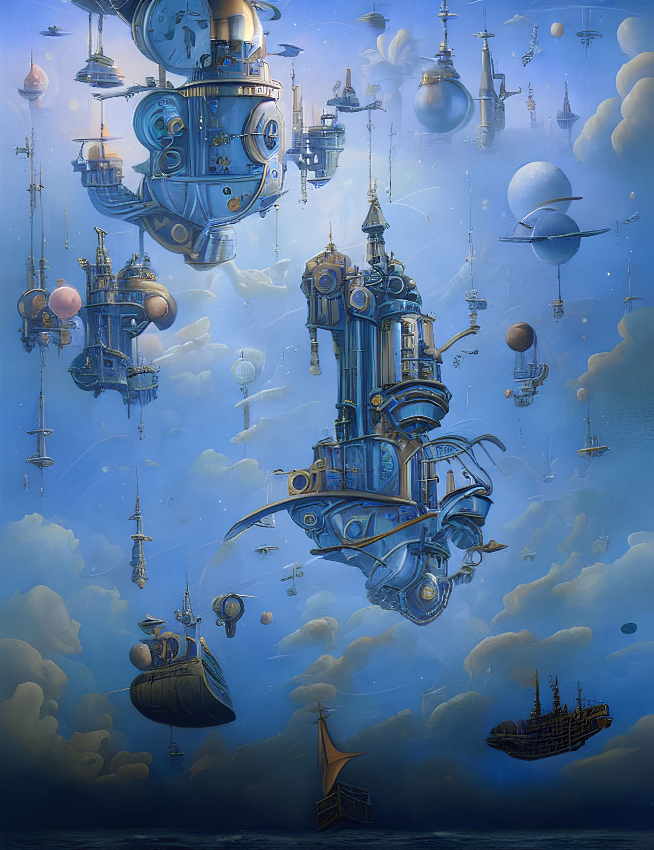 Fantasy scene with steampunk airships in blue sky