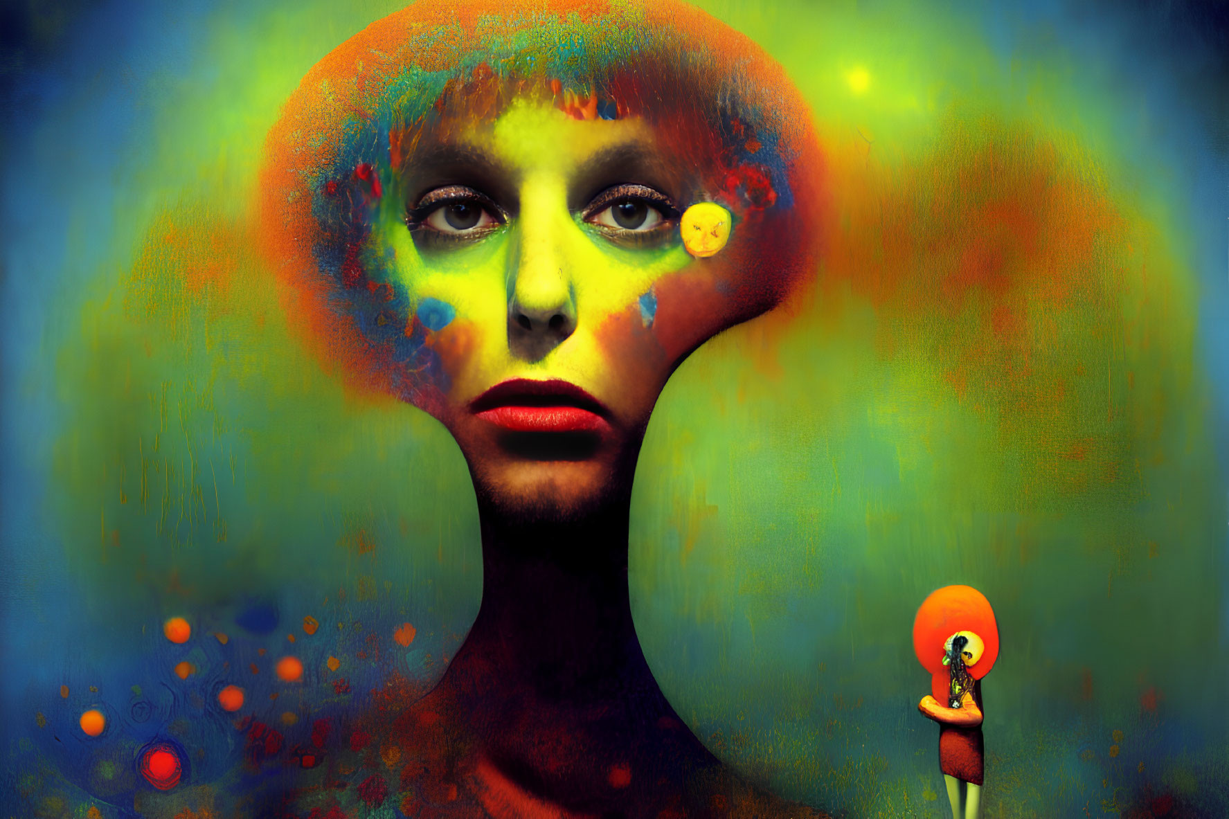Surreal portrait with cosmic halo and smaller figure holding orb