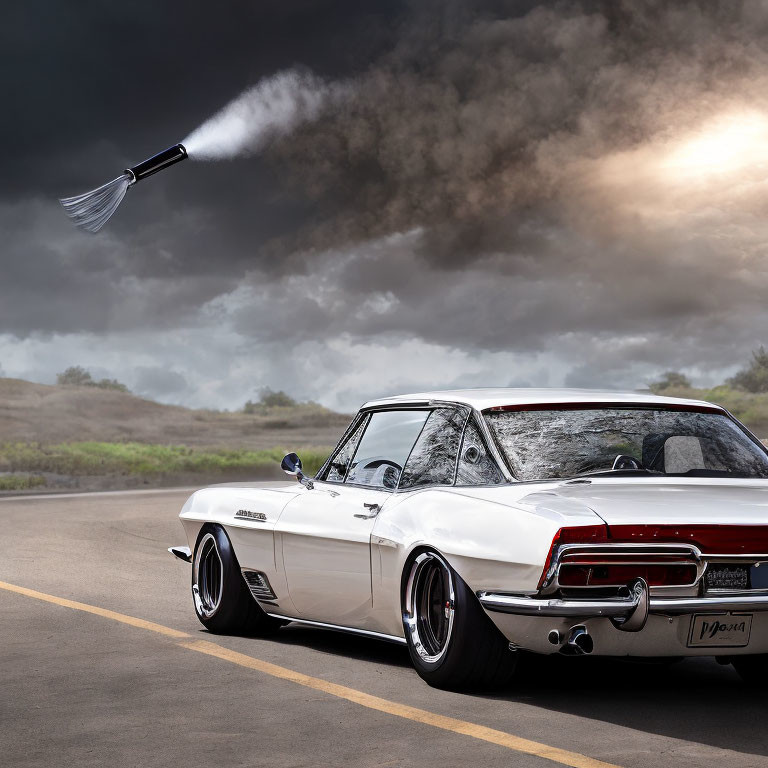 Vintage White Coupe with Chrome Details Parked Under Dark Cloudy Sky