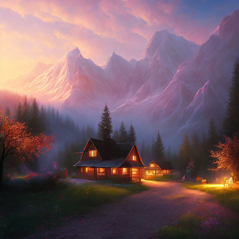 Twilight cabin nestled among flowering trees and misty mountains