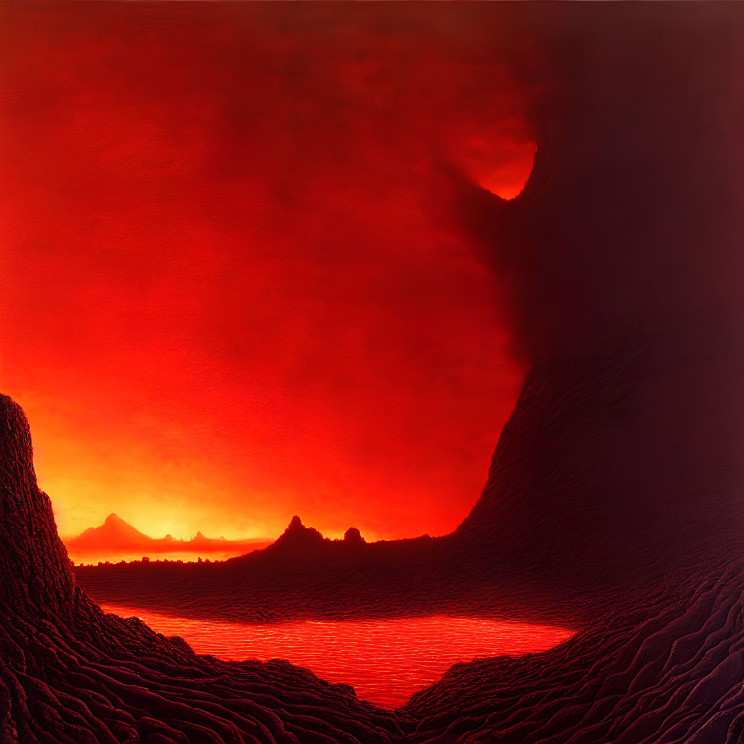 Fiery volcanic landscape with molten lava flows and red sky