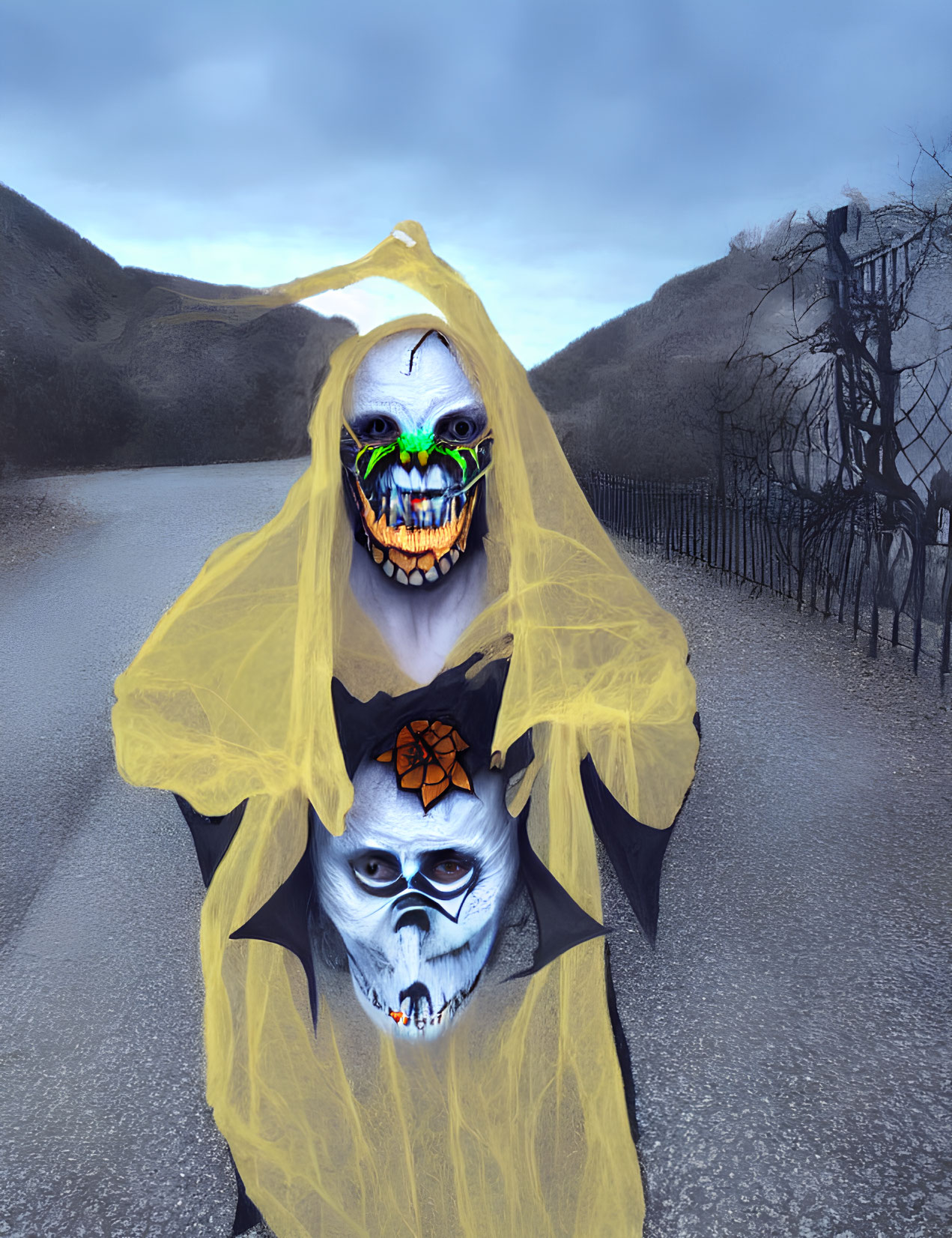Double-faced Halloween costume with skull makeup on desolate road.