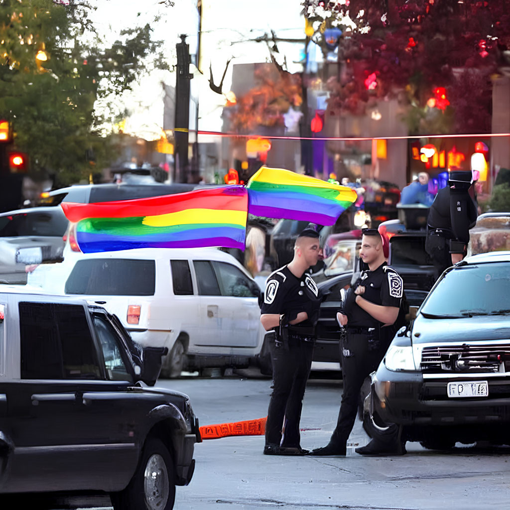 Police officers with rainbow flag at barricade on busy street
