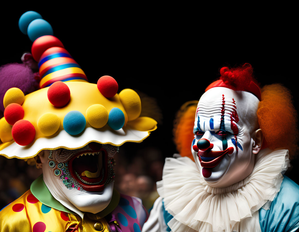 Colorful clown costumes with exaggerated makeup and unique accessories