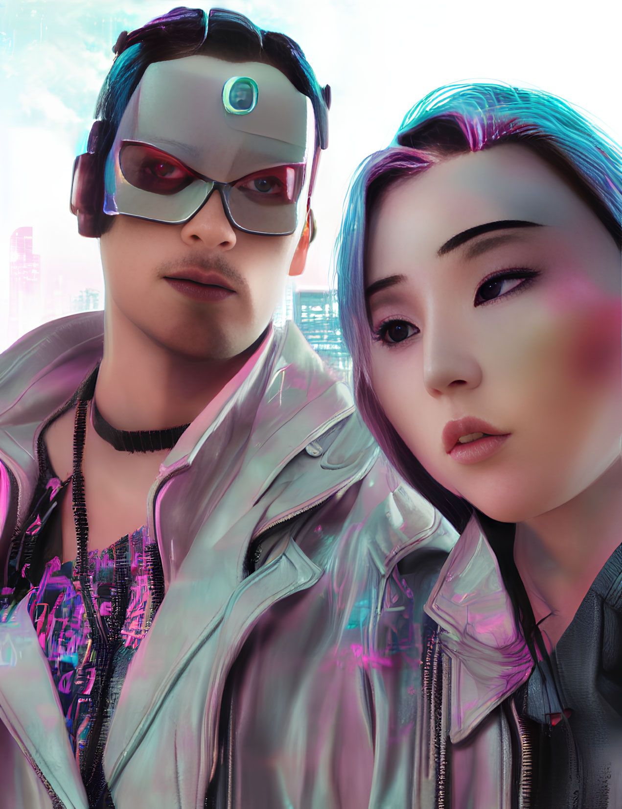 Futuristic cyberpunk individuals in neon-lit cityscape