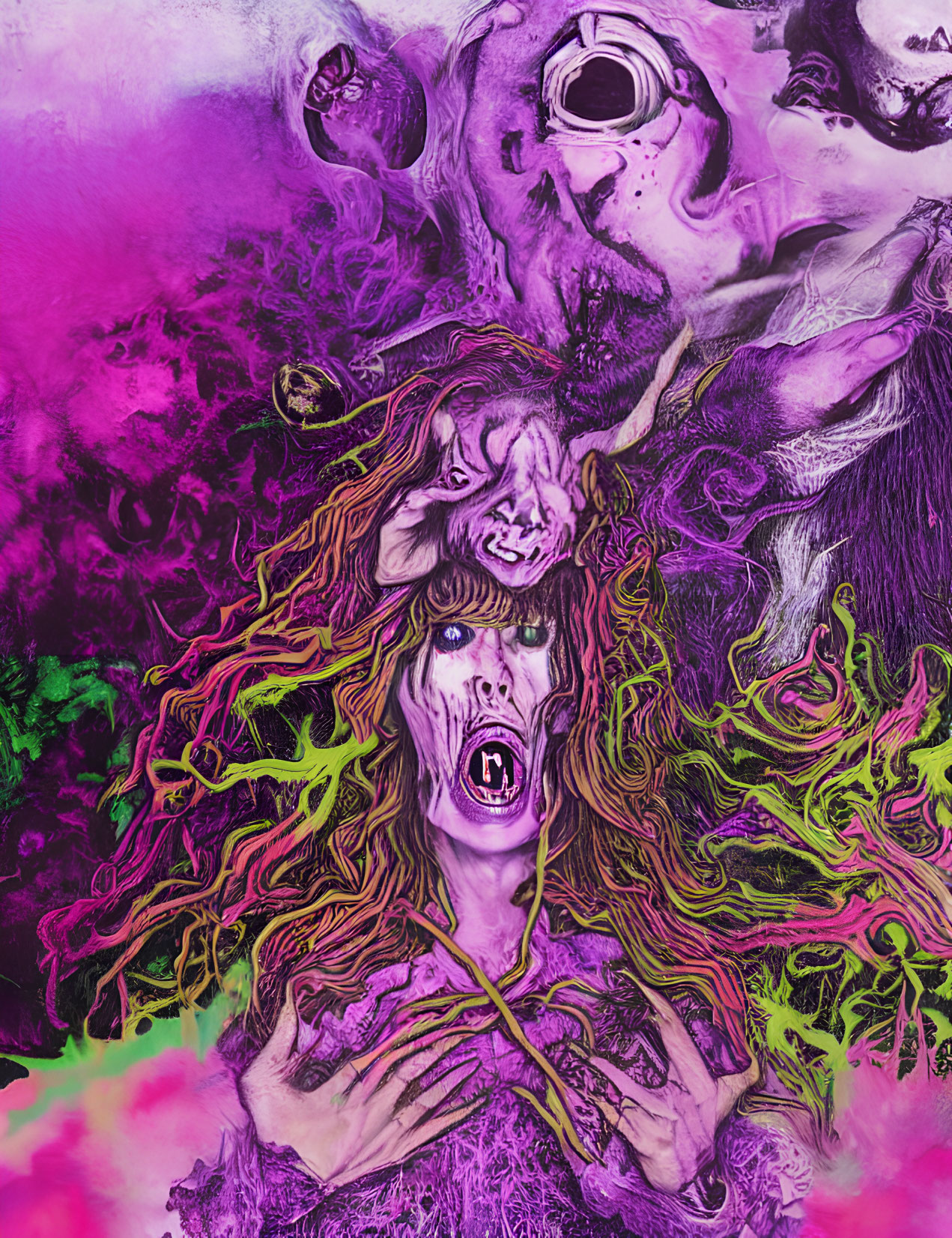 Colorful surreal illustration of screaming figure with flowing hair and abstract shapes