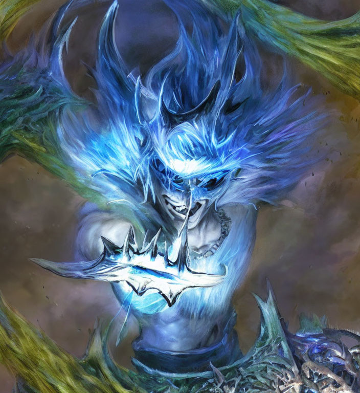Fantasy creature with blue hair and horns holding a blade in misty aura