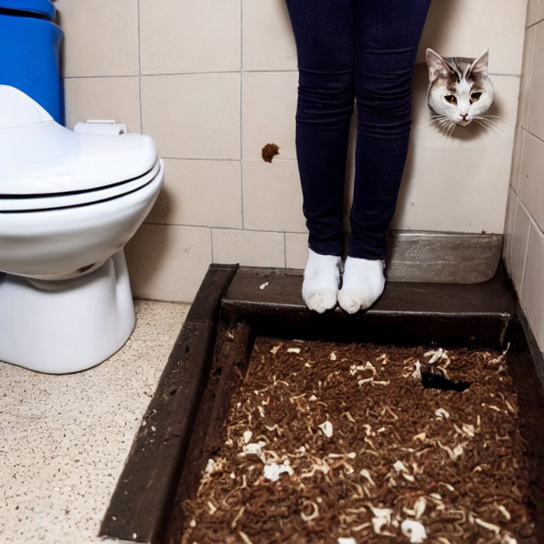 Person in bathroom with modified cat litter area and cat peeking from wall cutout