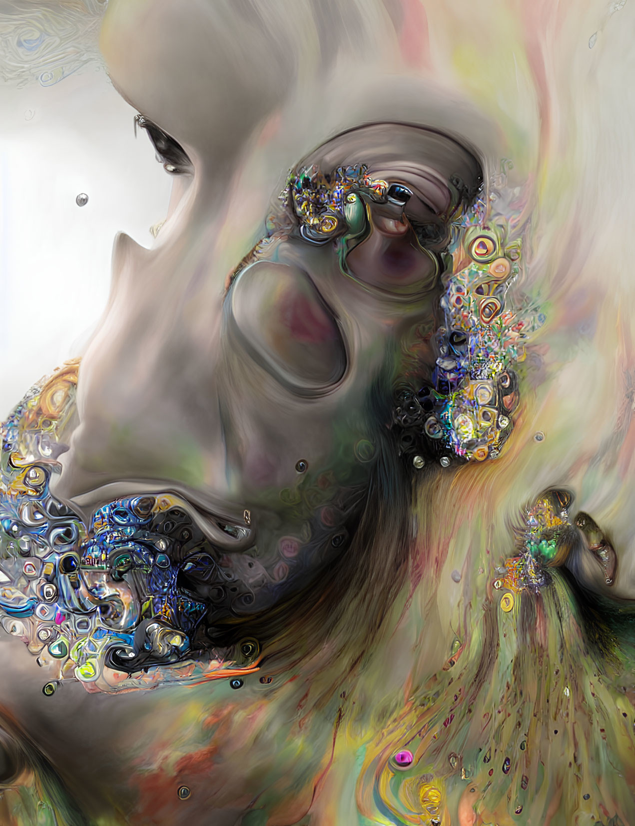 Abstract surreal portrait with colorful organic forms and swirling patterns.