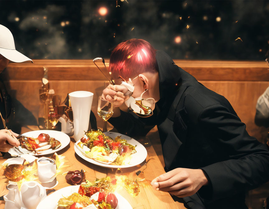 Pink-haired person in black suit sneezes at festive dinner table