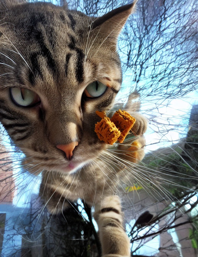 Tabby cat with bread in mouth reaching towards camera.