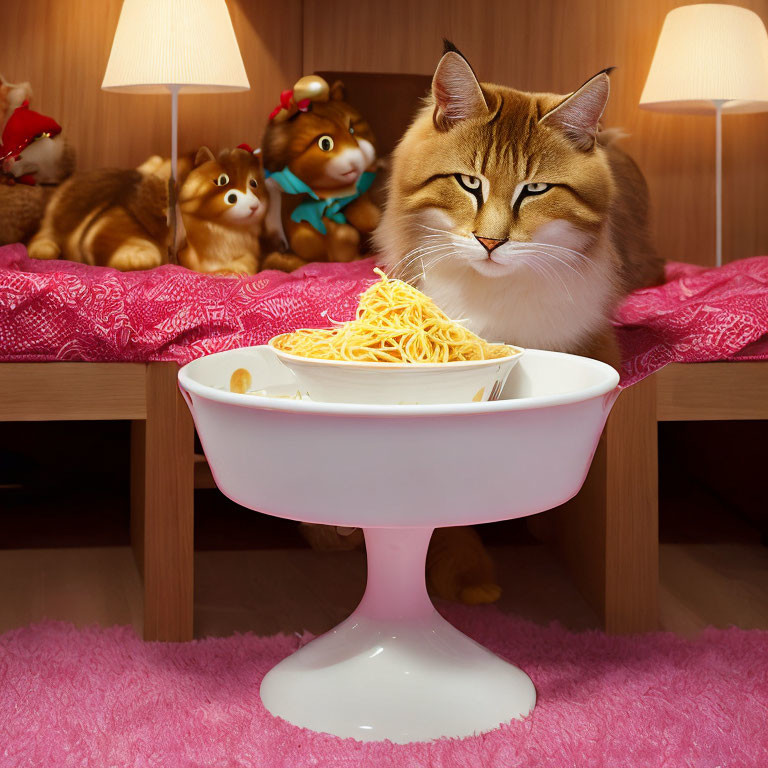 Cat with unique facial markings at lamp-shaped table with spaghetti bowl and plush toys in background