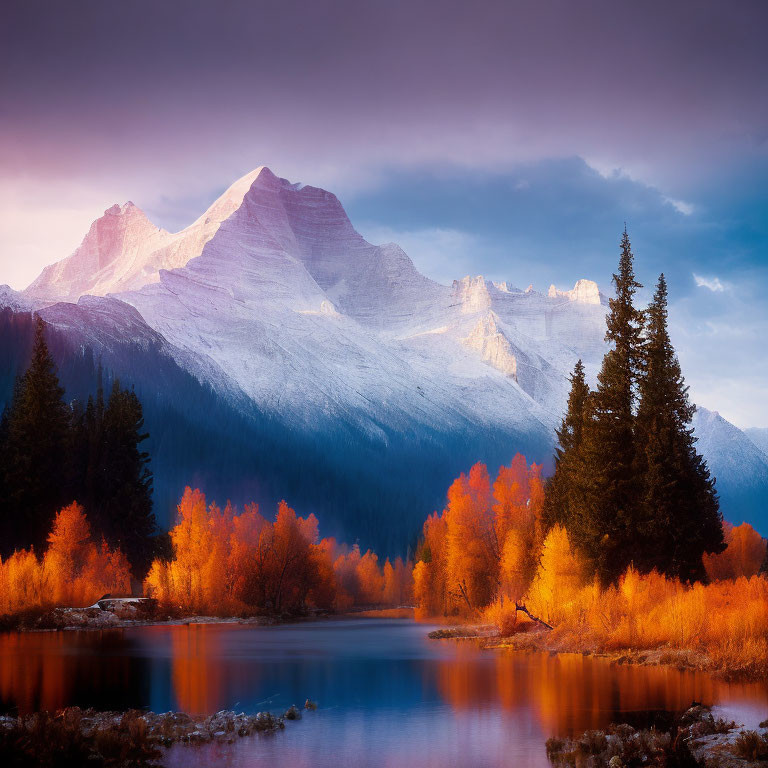 Autumn Lake Landscape with Snow-Capped Mountains