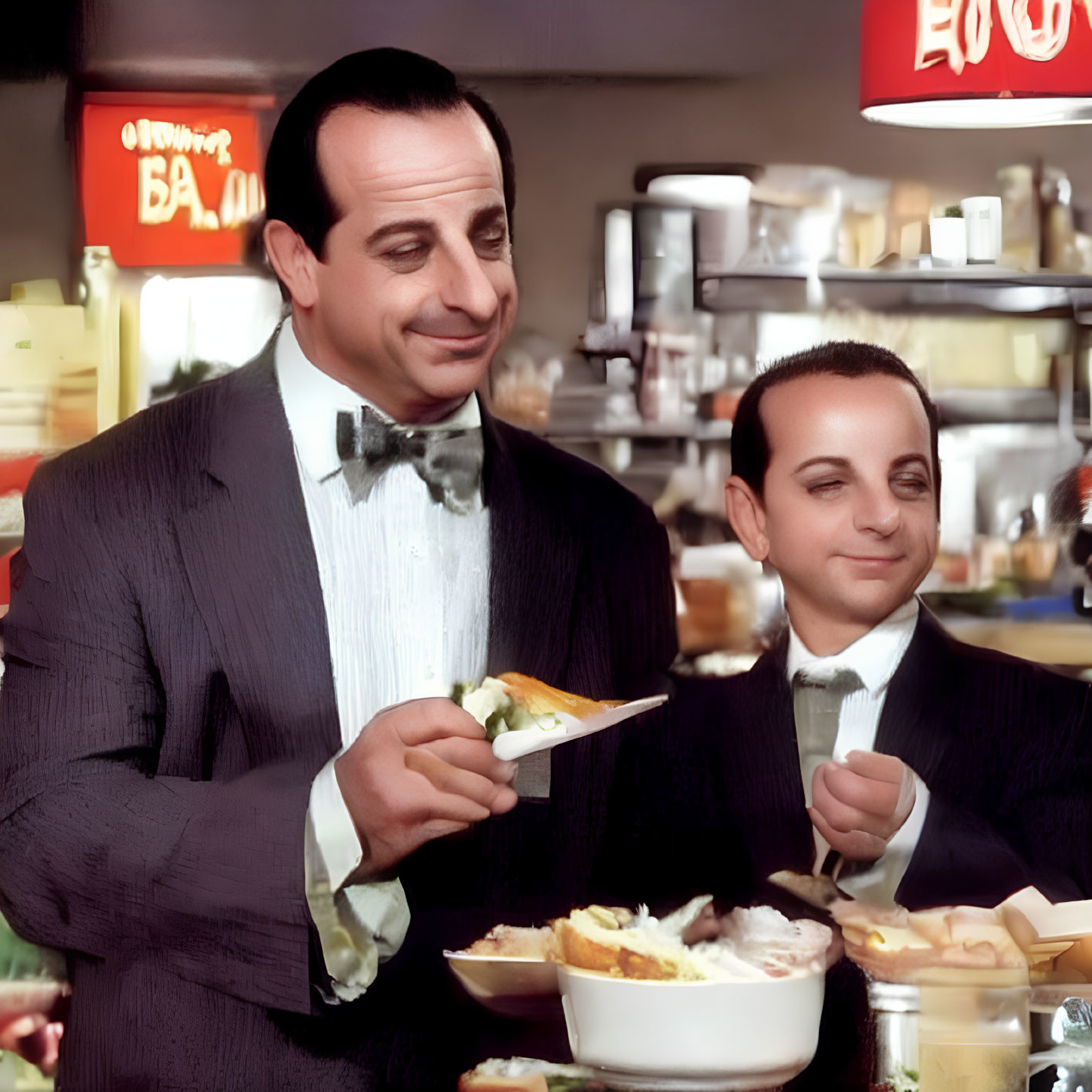 Adult and child in formal attire smiling at buffet with pie plate.