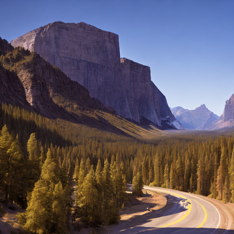 Curving road through evergreen forest and sunlit cliffs