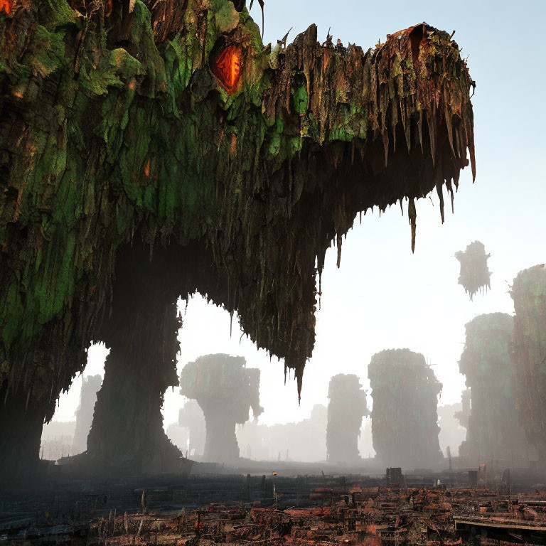 Misty landscape with massive tree-like structures and hanging moss